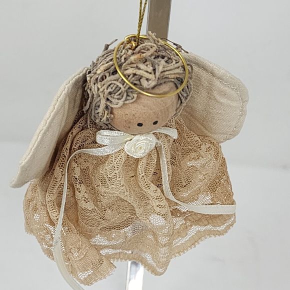 Vintage Christmas Tree Ornament Angel Wooden Lace Holiday Decor Figure - Picture 3 of 8